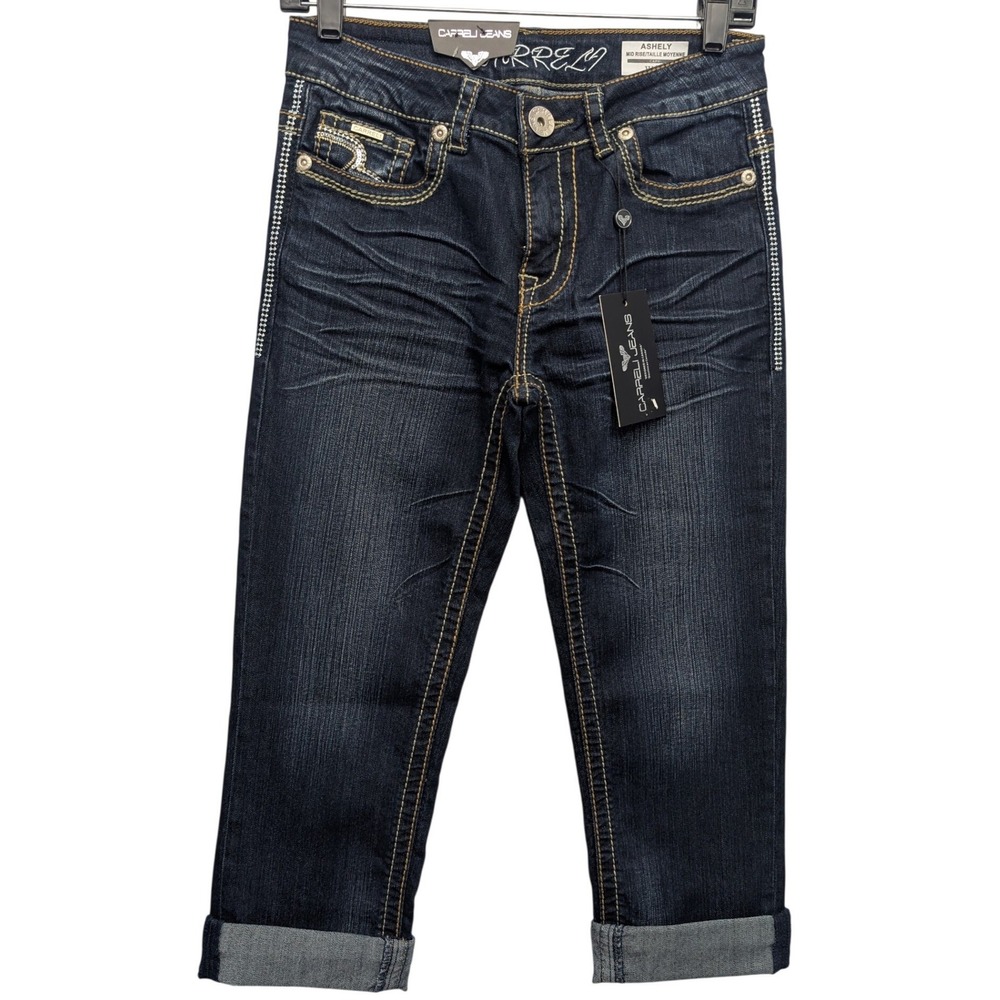 NWT Carreli Jeans Capri Pants Women 28 Dark Wash Rhinestone Ashely Mid Rise